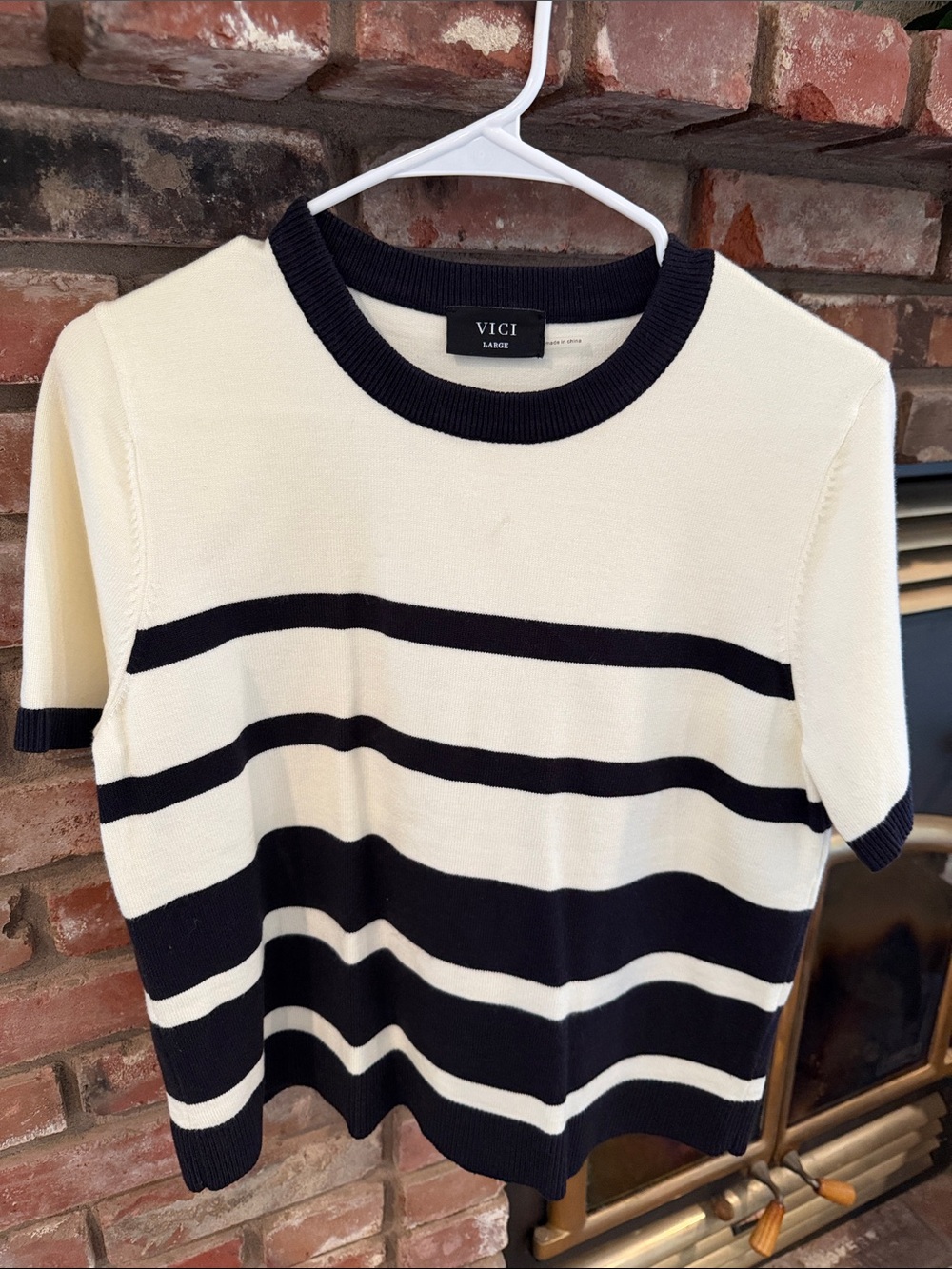 VICI Cream and Black Striped Short Sleeve Knit